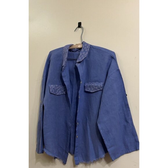 100 % Pure Linen Shirt Women Vintage Linen Made In Italy Embroidered Collar Sz M - Picture 7 of 11